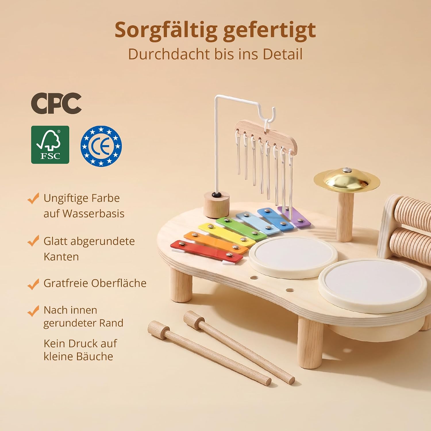 Wooden Drum Kit Baby Musical Toy with Drum, Xylophone and Percussion, Montessori Musical Instruments Gift for Boys and Girls – Bild 3