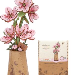rowood Sakura Artificial Flower Wooden 3D Puzzle Craft Set for Adults Children Wooden Flower Model Kits for Home Decoration Creative Gift Idea for Mother’s Day Valentine’s Day