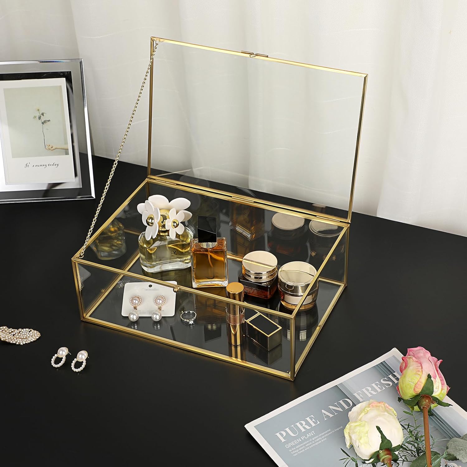 SUMTree Golden Vintage Glass Lid Box, Rectangle Jewellery Rings Bracelet Display Organiser Tempered Glass Jewellery Box Jewellery Box Jewellery Box Jewellery Box Jewellery Storage Box – Bild 3