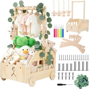 Baby Shower Gift with Wooden Baby Basket on Wheels, Baby Gift Basket with Handle, Wooden Changing Basket, Baby Basket with Bear, Doll Hangers, Decorative Leaves and Angel Day for Newborns