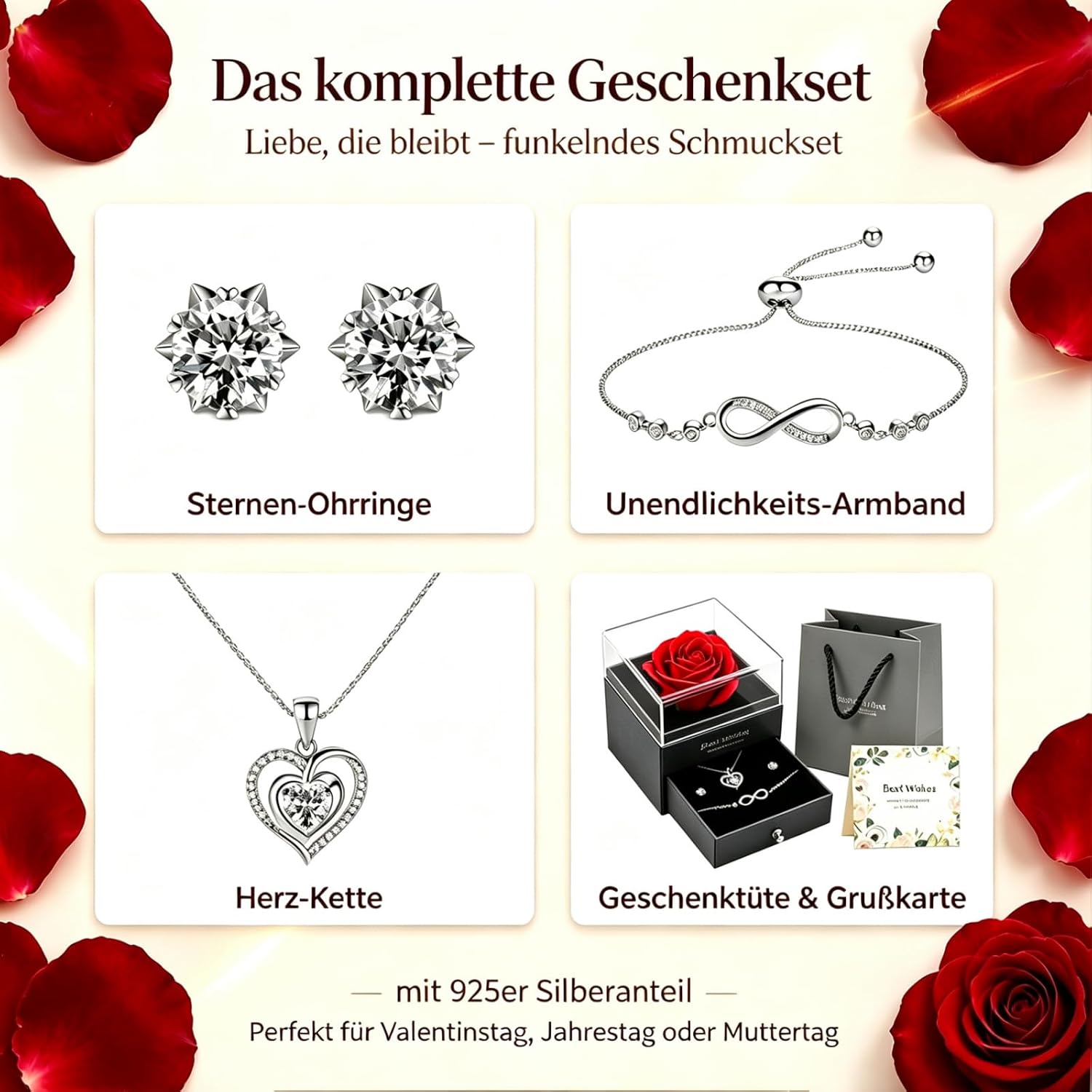 Eternal Rose Jewellery Set, Heart Silver Chain Earrings Bracelets Gift Box with Greeting Card & Gift Bag, Surprise & Much Love, Mother's Day, Valentine's Day, Birthday, Unforgettable Gift for Women – Bild 2