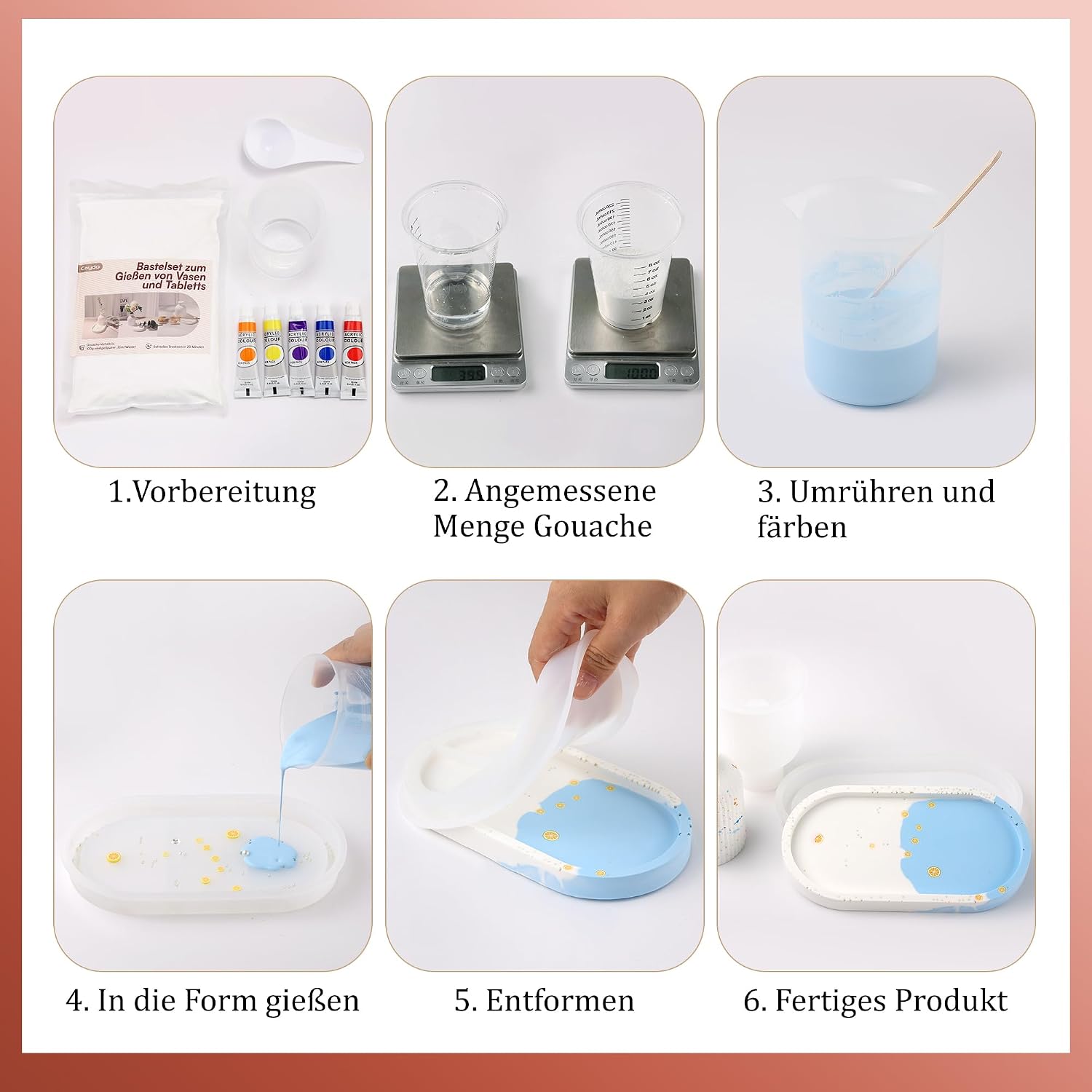 Caydo Casting Powder Starter Set, Silicone Moulds Casting Moulds Vase Pallets with Casting Powder 500 g, DIY Flower Vase Silicone Moulds Relief Casting Powder for Pouring with Creative Concrete, Jewellery Concrete, Casting Resin, Wax – Bild 5