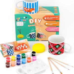 SelfTek DIY Ceramic Painting Set - Cups for Painting Creative Set for Adults with 2 Cups, 12 Colours, 4 Brushes, 2 Palettes, Painting Inspirations, Gift for Friend Family Dear