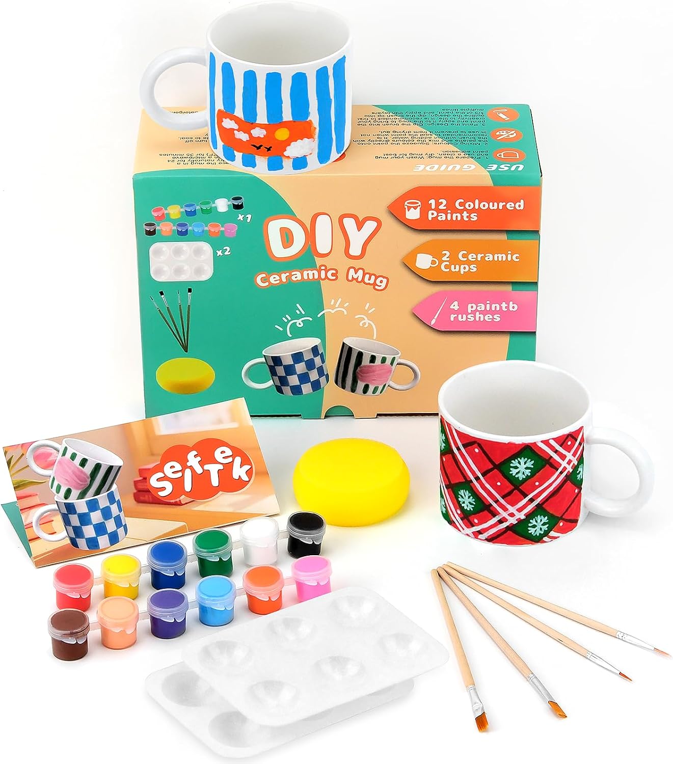 SelfTek DIY Ceramic Painting Set - Cups for Painting Creative Set for Adults with 2 Cups, 12 Colours, 4 Brushes, 2 Palettes, Painting Inspirations, Gift for Friend Family Dear