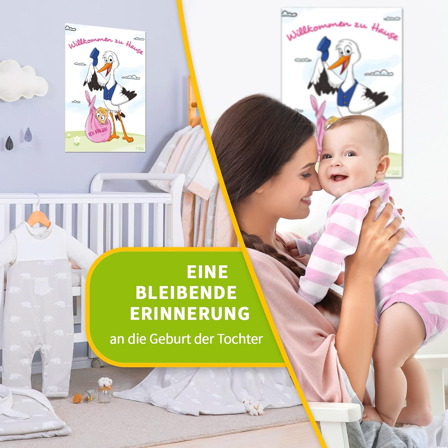 iulias Freude schenken! Poster for Birth Girl I Stork with Baby I Welcome Home I XL DIN A2 Poster I Baby Shower Decoration Pink Birth Gift Surprise – Bild 5