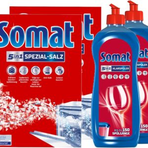 Somat 5-in-1 Dishwasher Care Set – 2 x Special Salt (1.2 kg) & 2 x Rinse Aid (750 ml) – Effective Cleaning, Extra Dry Effect & Protection for Your Dishwasher