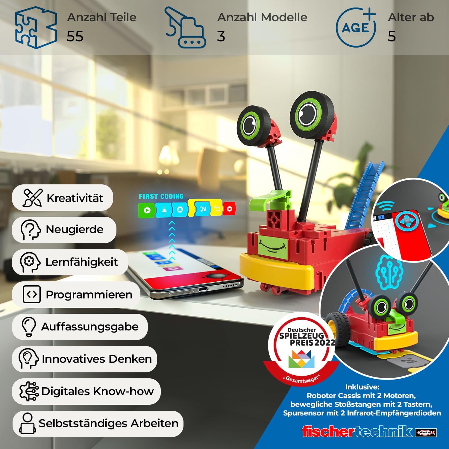 fischertechnik 559889 ROBOTICS Early Coding, Kit for Children from 5 Years, Experiment Box for 3 Robot Models, for Building & Programming, with Motors & Sensors – Bild 2