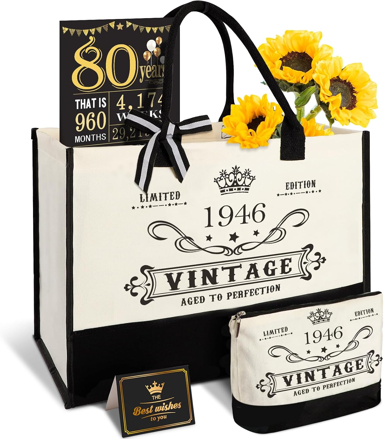 80th Birthday Gift for Women Vintage 1946 Tote Bag Makeup Bag