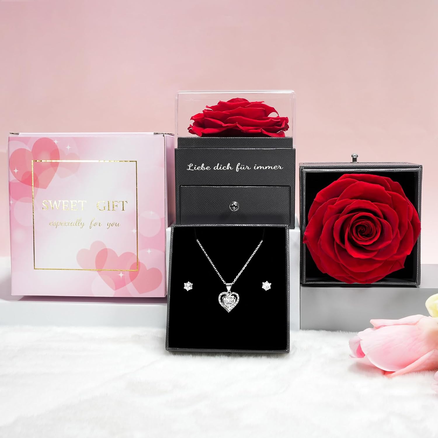 Sunia Eternal Real Rose with Heart Necklace and Earrings Made of 925 Sterling Silver, Gifts for Women, Girlfriend, Mum, Grandma, Infinity Roses, Birthday, Christmas, Valentine's Day, Mother's Day, Eternal Rose with Chain – Bild 4