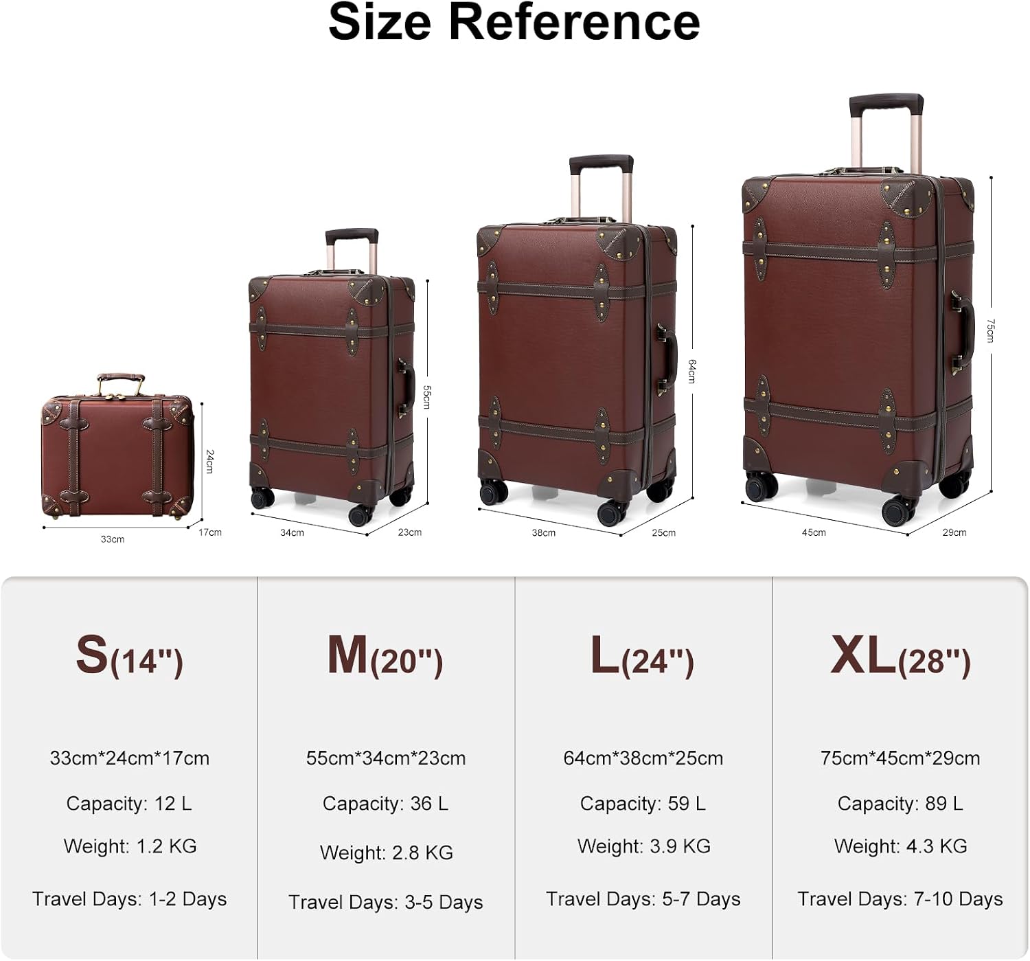 Urecity Vintage Travel Suitcase Set 2-Piece Lightweight Retro Leather Suitcase Hard Shell Trolley Hand Luggage Sets with TSA Lock and 8 Wheels (Caramel Brown, S (14 inches) + XL (28 inches)) – Bild 6