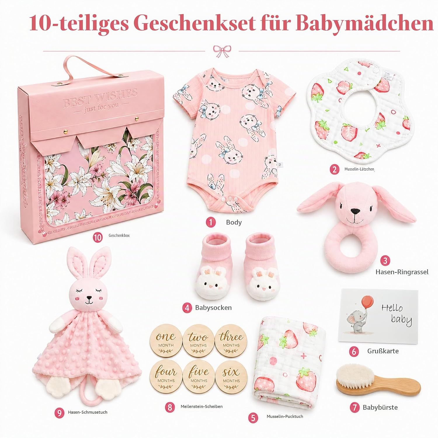 Newborn Gift - 15 Piece Baby Gift Set Includes Baby Blanket, Romper, Teething Cloth, Wooden Brush, Milestone Cards, Bib, Socks and a Keepsake Box (Pink) – Bild 2