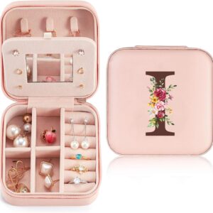 Travel Jewellery Box Small with Initials I and Flower, Jewellery Storage for Women PU Leather, Mini Jewellery Box Jewellery Box for Women Girls Gift for Birthday, Christmas, Mother’s Day