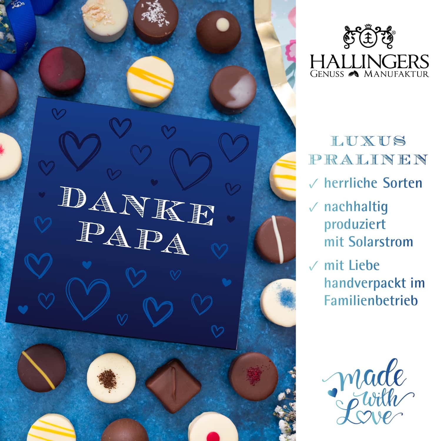 Hallingers Genuss Manufaktur Feinkost Father's Day Gift Set – XL Gift Basket "Father's Day Bag Blue" Large Gift Chocolate Bar, 9 Chocolates & Spice Rub, Gift Idea for Dad Grandpa – Bild 3