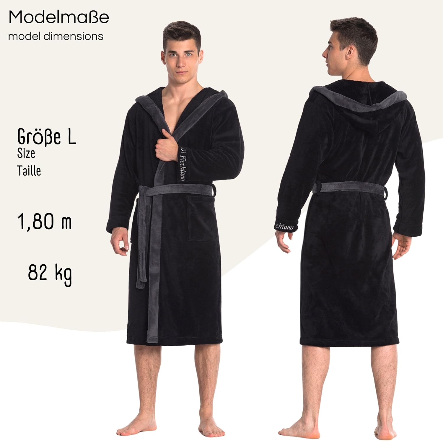 Di Ficchiano Monza Men's Bathrobe with Hood, Fluffy Dressing Gown, Sleepwear Made of Elegant Microfibre, Kimono with Choice of Colours and Sizes S–5XL, Bath Robe, Oeko-Tex Standard 100 – Bild 4