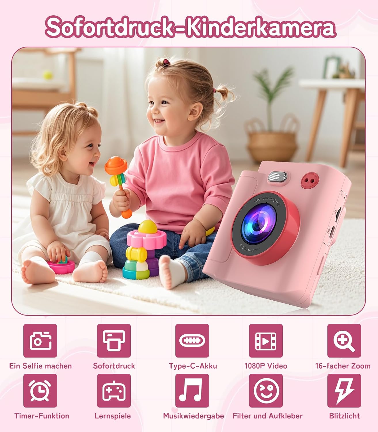 Kids Instant Camera with 32GB Memory Card, Pink, 2.0 Inch LCD Screen, Dual Camera, 1080P Video, 16X Digital Zoom, Type-C, 3 Rolls Printing Paper and Colouring Pencils, Gift for Kids – Bild 7