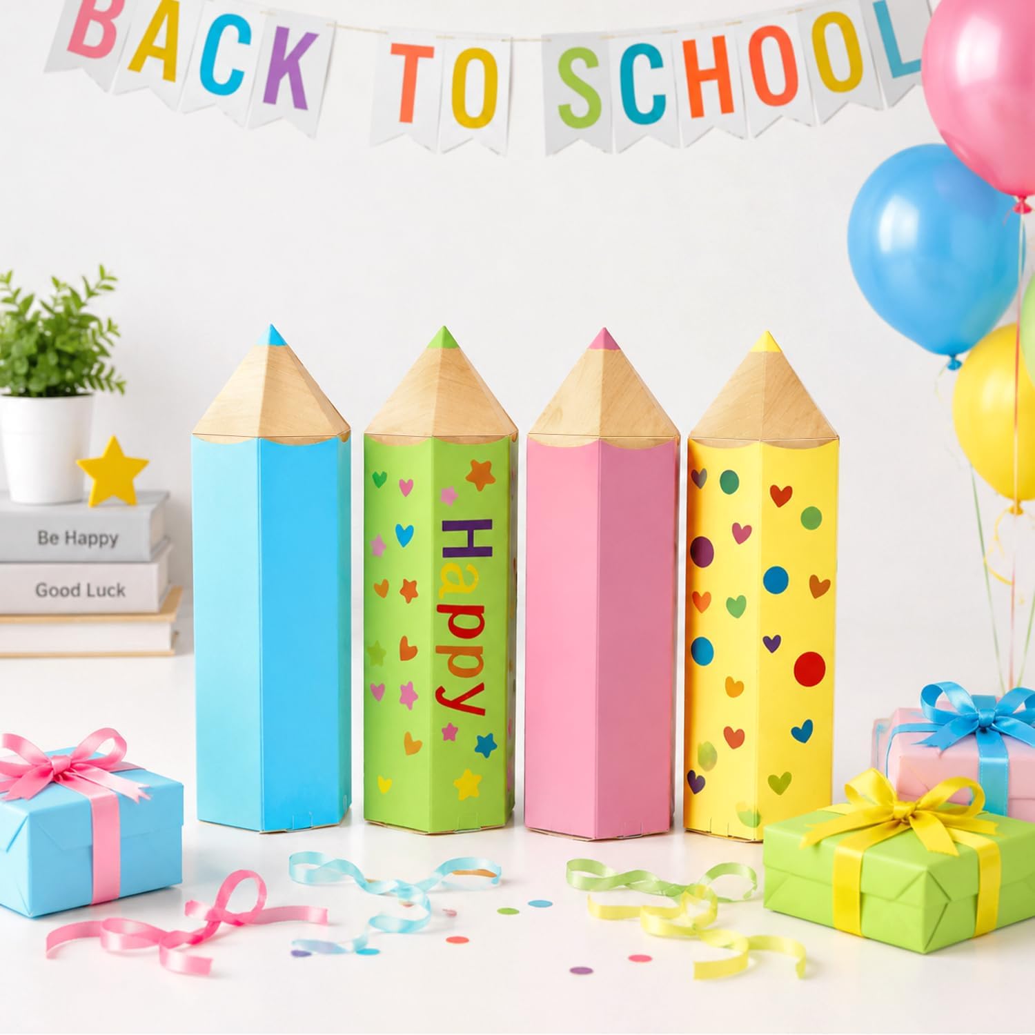 Pack of 12 Small School Cones, School Gift Box in Pencil Shape, Includes 4 Sheets of Stickers, Gift Bag for Girls and Boys – Bild 4