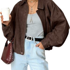 Women’s Short Suede Jacket, Oversized Bomber Jacket Made of Soft Faux Suede with Fleece Lining, Streetwear Winter Jacket for Autumn, Transitional Period, Short Jacket with Full Zip and Lapels