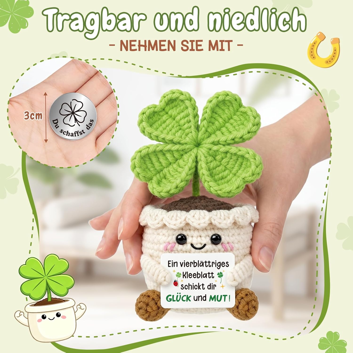 Lucky Charm Pocket Hug Positive Crochet Clover with Coins – Bild 3