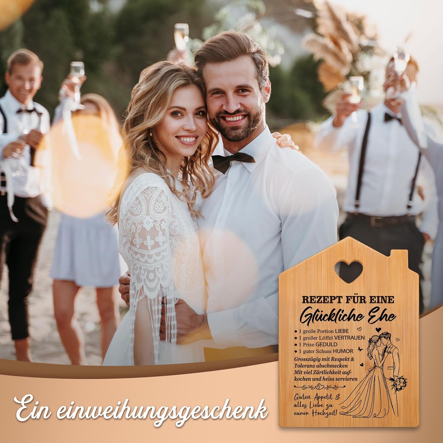 Wedding Gifts for Bride and Groom - Bamboo Chopping Board with Saying, Wedding Gift, Recipe for a Happy Marriage – Bild 2