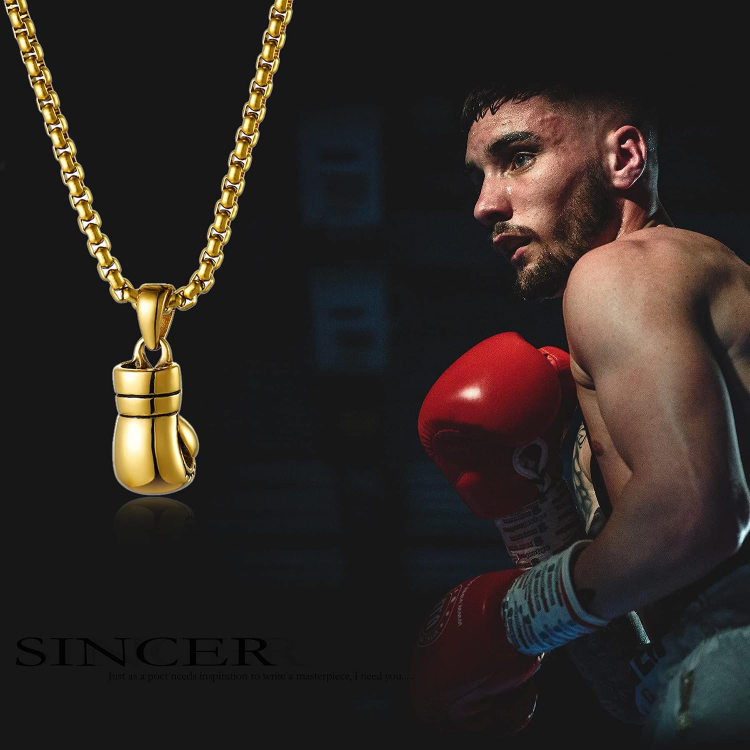 JewelryWe Jewellery Stainless Steel Dominant Boxing Gloves Men's Pendant with Necklace Men's Chain Silver Black Gold with Gift Bag – Bild 4