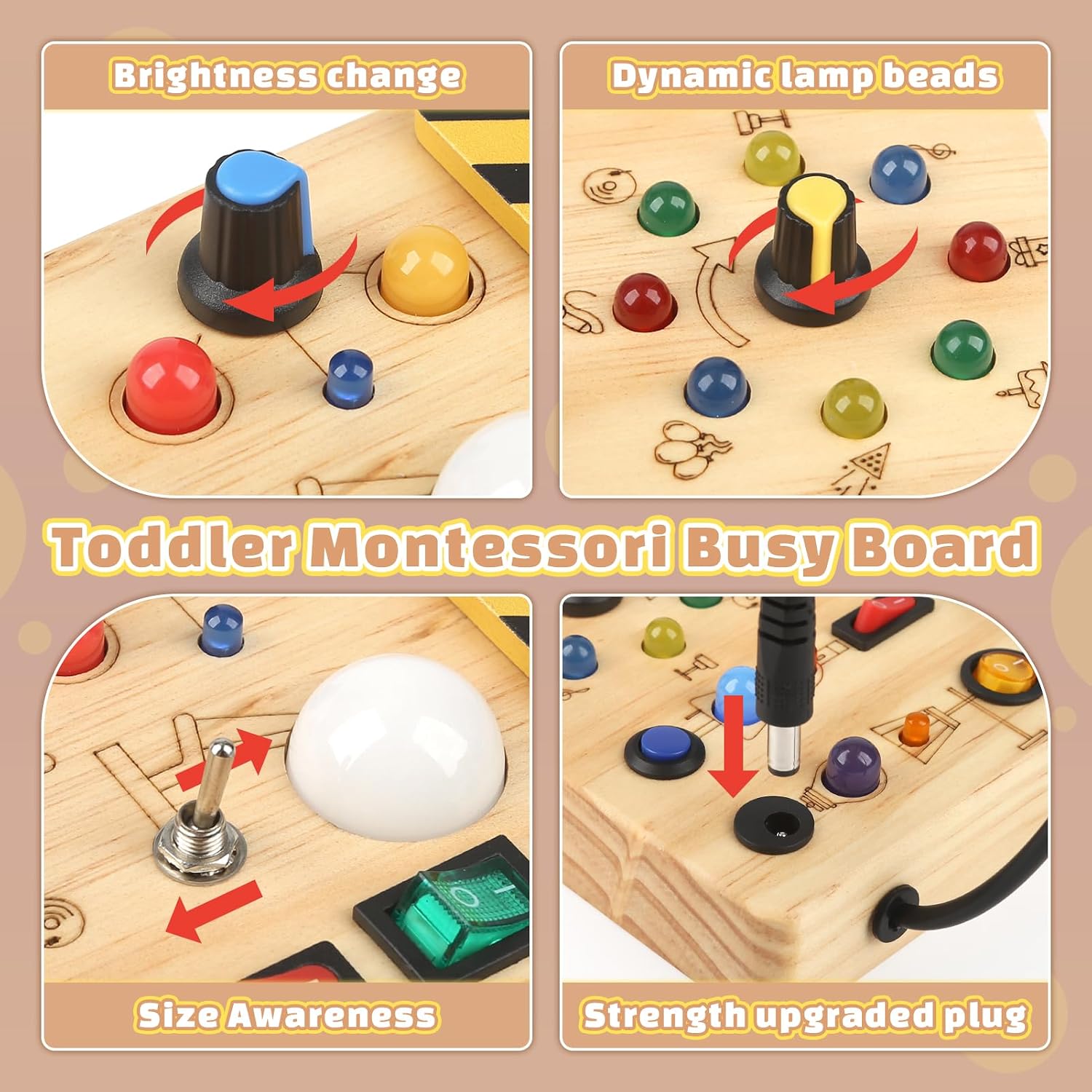 Joyreal Busy Board Baby Montessori Toy from 1 Year, Motor Skills Toy Activity Board with 19 LEDs, Sensory Toy Wooden Toy Educational Toy, Gift Boys and Girls from 1 2 3 Years – Bild 3
