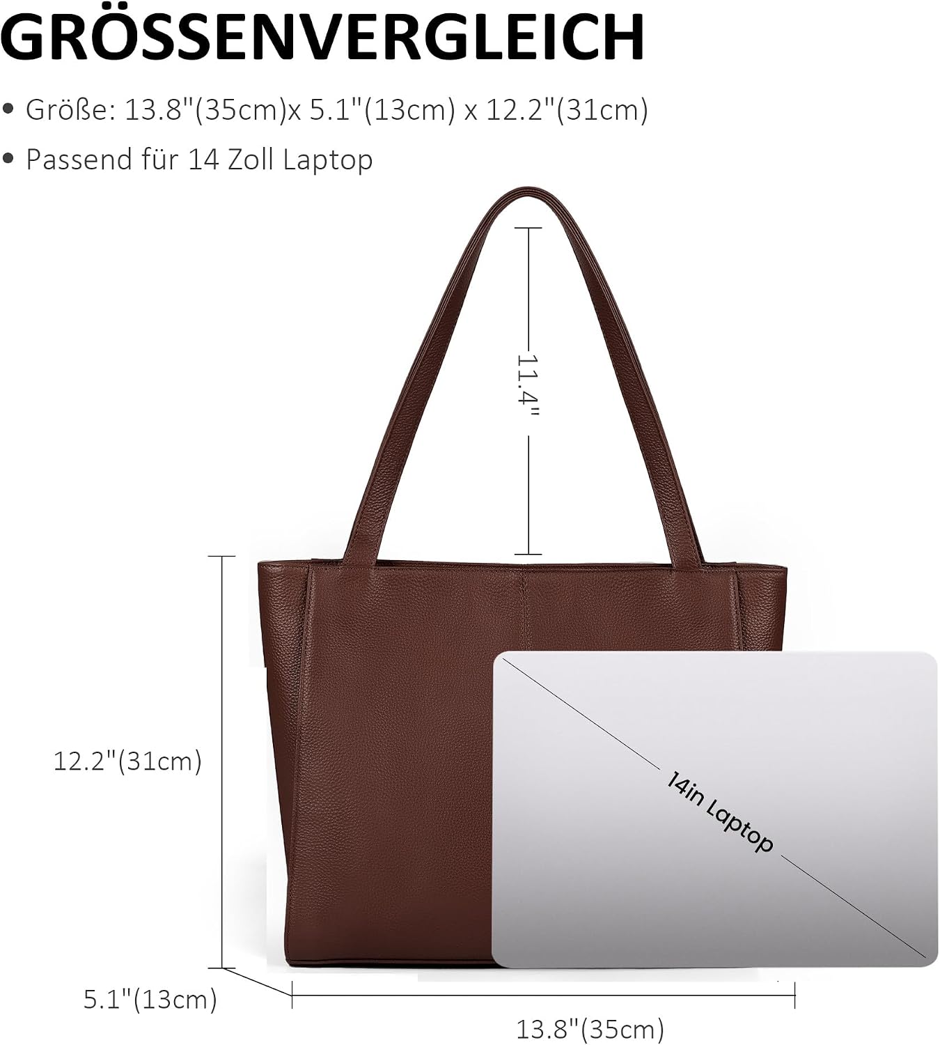 befen Genuine Leather Handbag Women's Large Shopper Bag with 14 Inch Laptop Compartment, Fashion Leather Tote Bag School Work Leisure Handbag with Zip – Bild 5