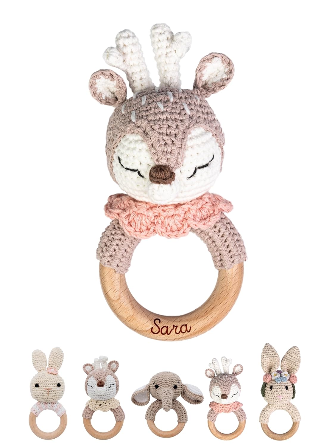 wunderwunsch Grasping Toy, Baby Rattle, Teething Ring Baby Personalised