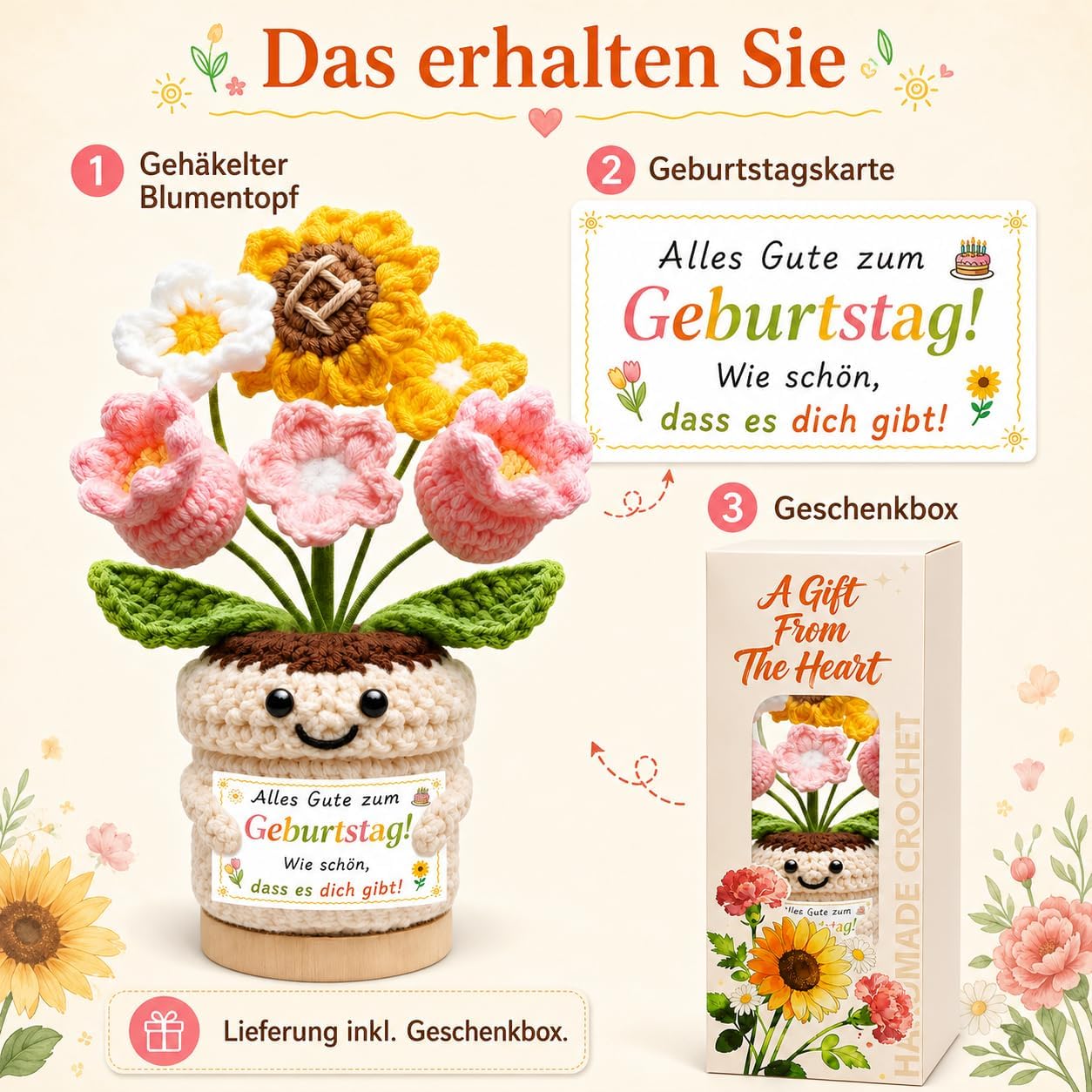 Birthday Gift for Women, Crocheted Flowers in Pot with Gift Box - Gift for Mum, Girlfriend, Sister, Grandma, Daughter & Colleague, Birthday Decoration – Bild 8