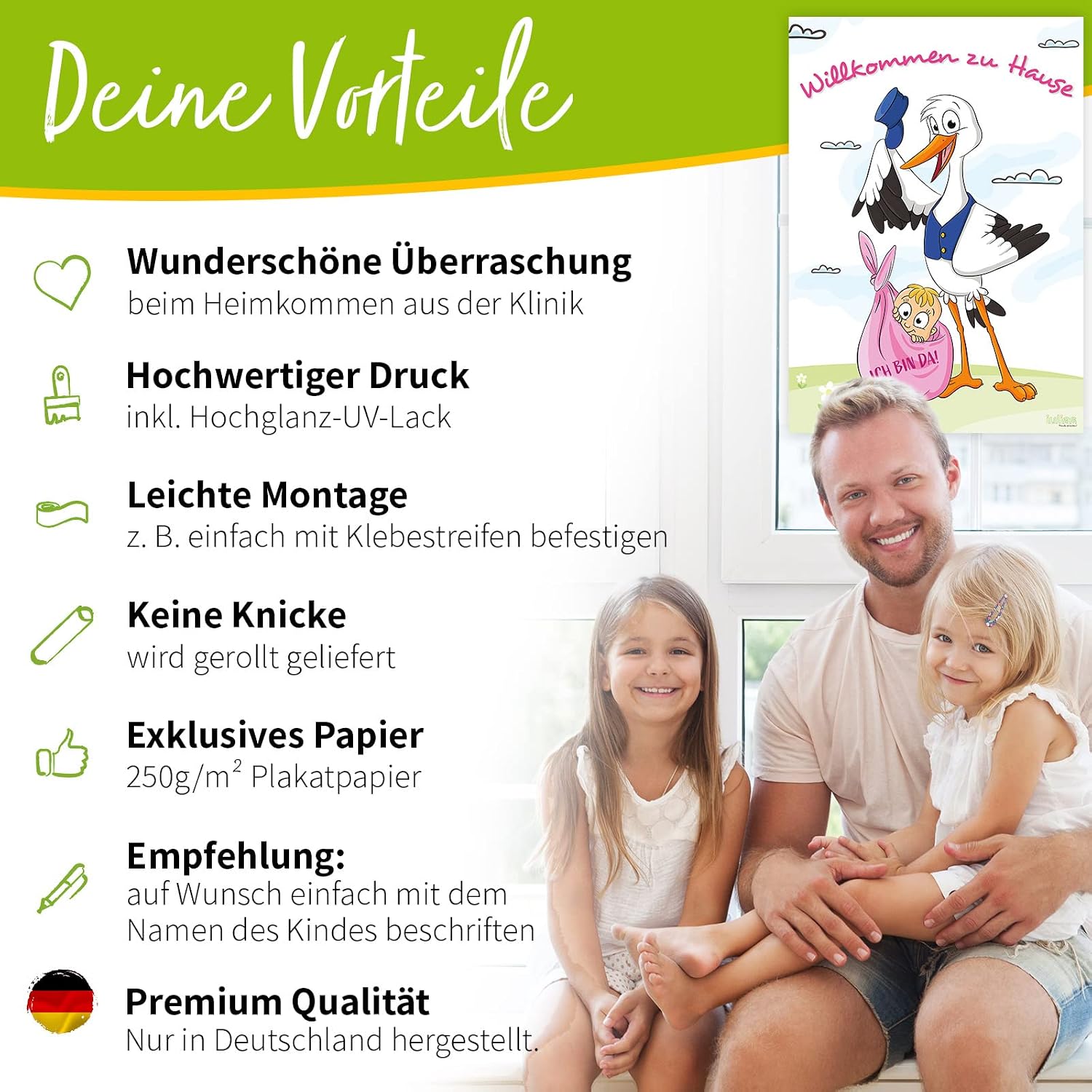 iulias Freude schenken! Poster for Birth Girl I Stork with Baby I Welcome Home I XL DIN A2 Poster I Baby Shower Decoration Pink Birth Gift Surprise – Bild 6
