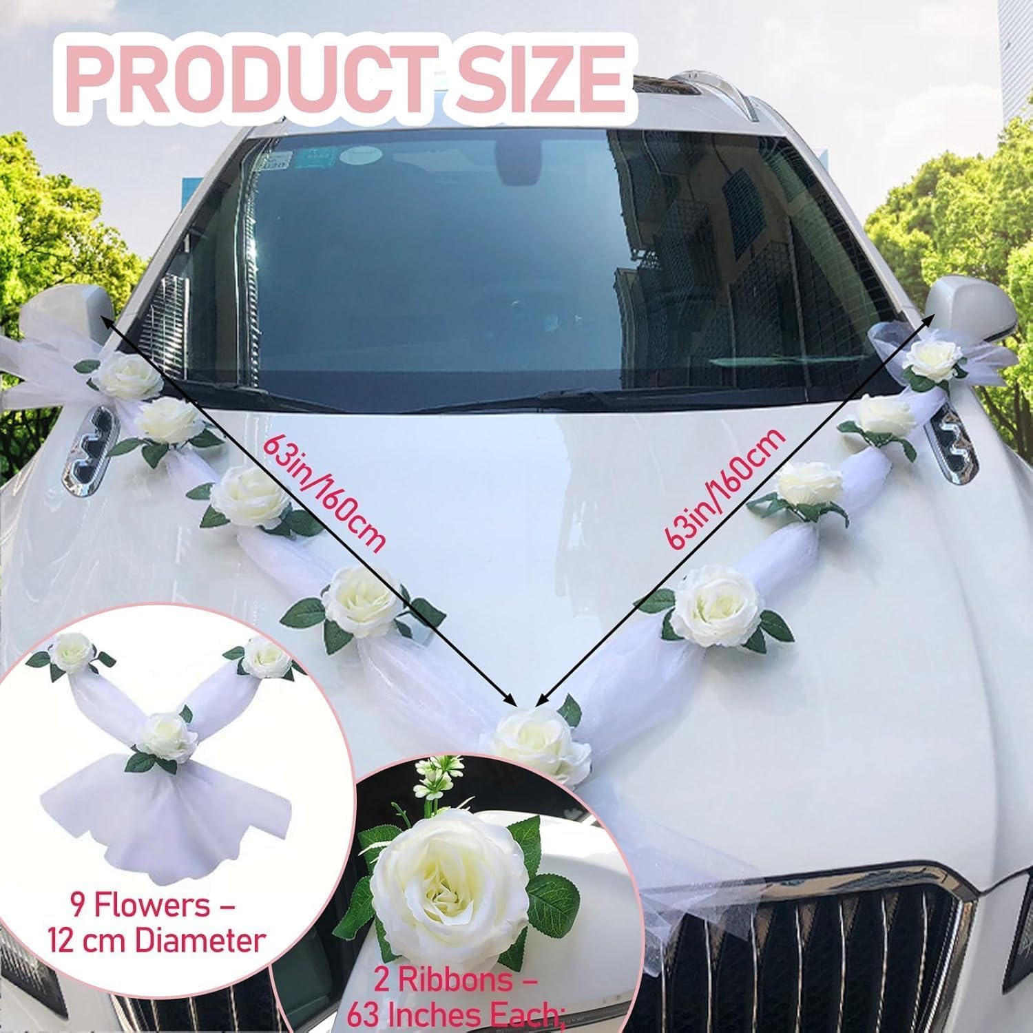 Wedding Car Decoration, White Wedding Decoration, Car Decoration with 11 Roses & Garland, Car Jewellery with Suction Cups and Length Bands, Bridal Car Decoration for Bonnet Party – Bild 2
