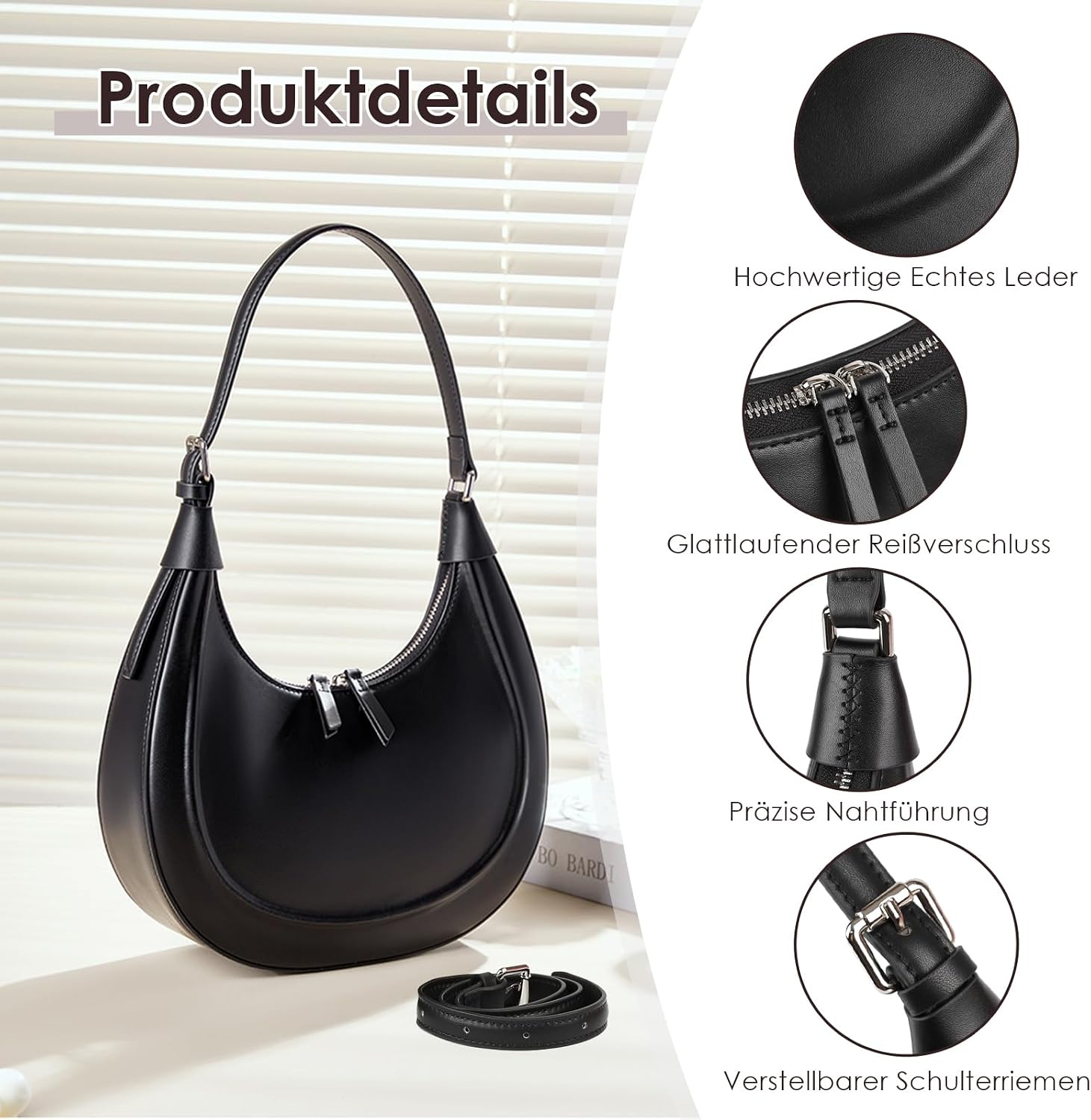 Handtasche Damen Klein Echtes Leder, Halbmond Tasche Schultertasche mit Verstellbarem Gurt zum Crossbody Bag Umhängetasche, Handbags for Women mit Reißverschluss – Bild 5