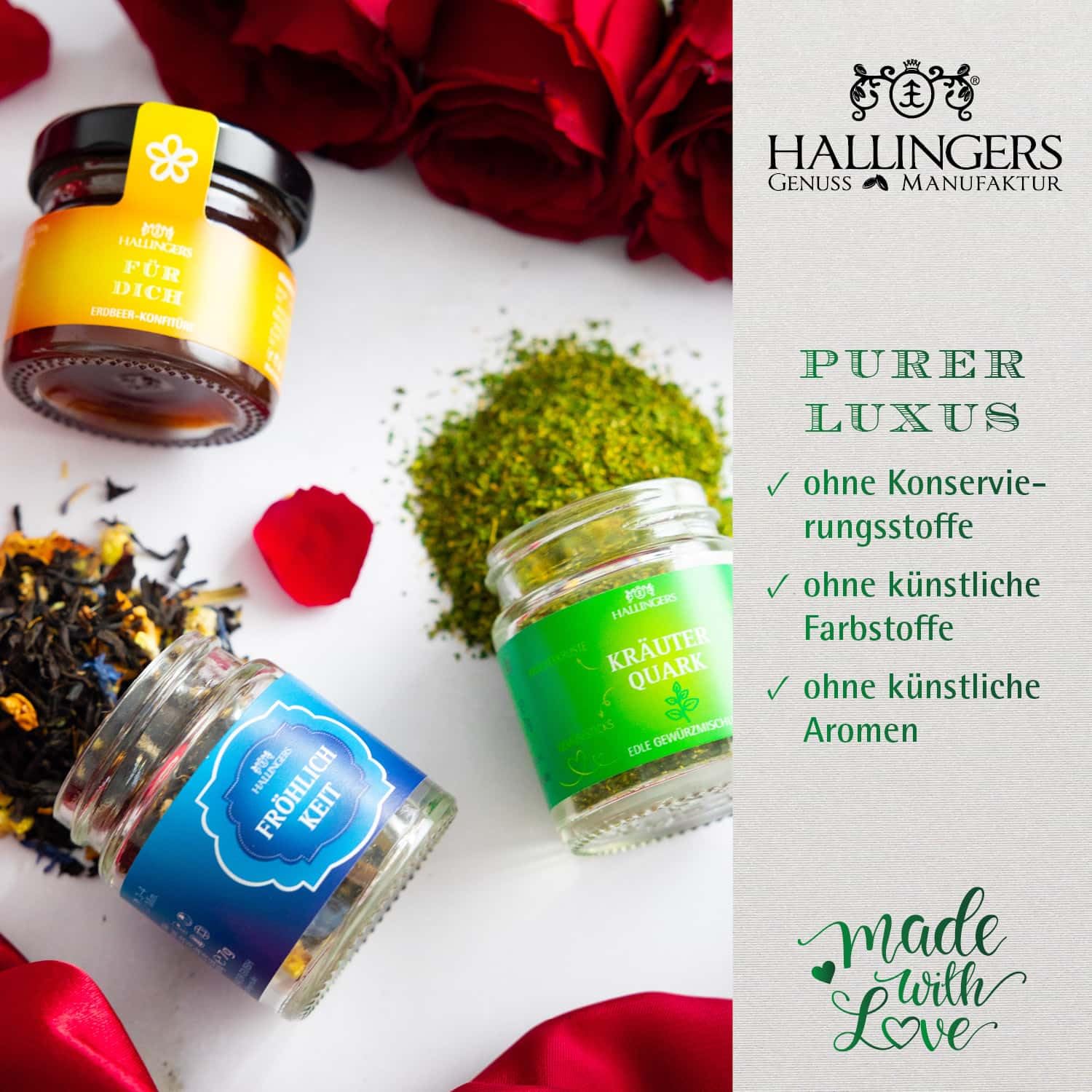 Hallingers Wedding Gift Set - 3-Piece Gift Set with Tea, Jam and Spice - Delicatessen Enjoyment Set as Gift Idea, Gourmet Gift Vegan (Set) - Gift Ideas Christmas & Gifts Advent Calendars – Bild 5