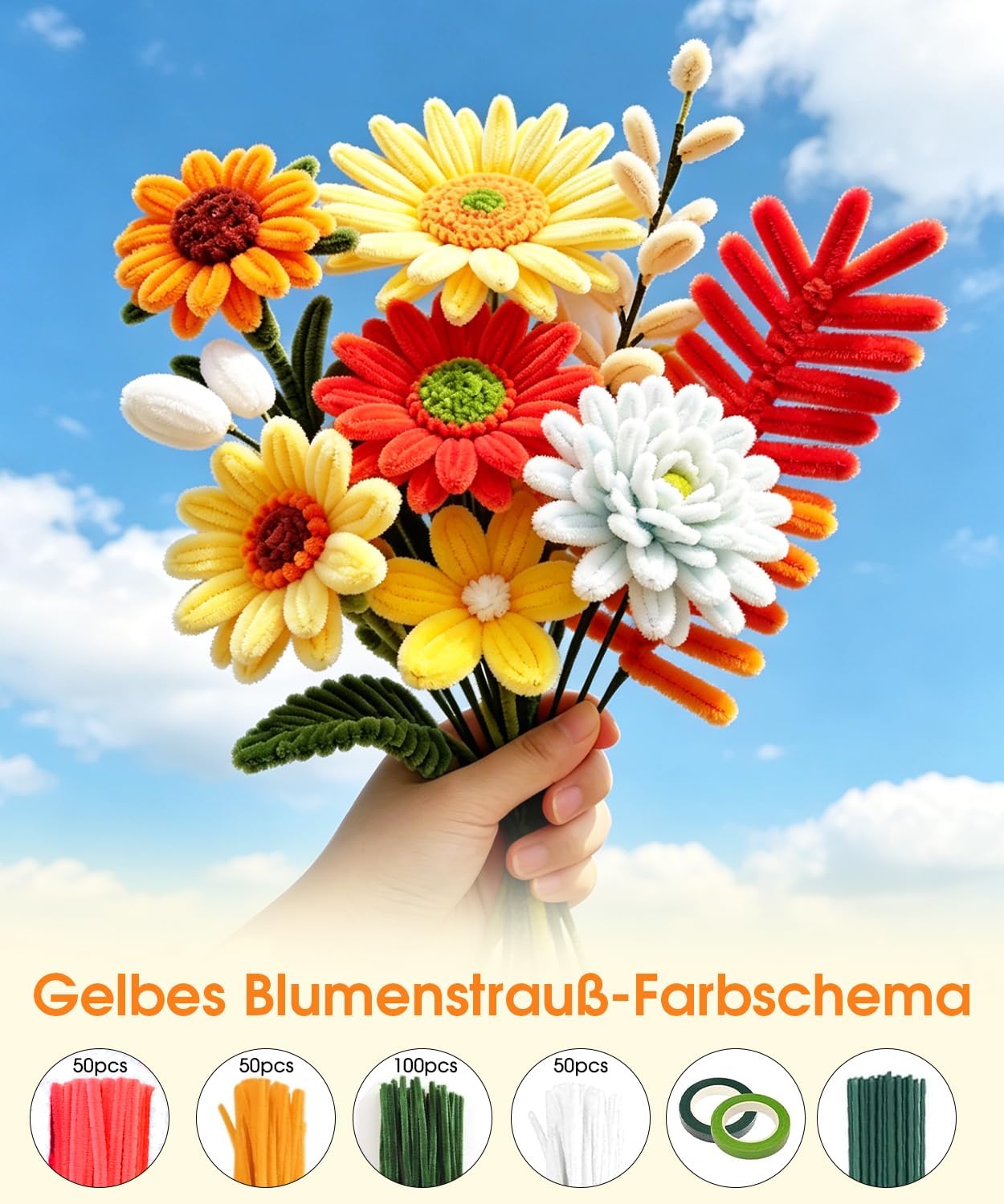 550 Pieces Pipe Cleaners Flower Set, 9 Colours Pipe Cleaners for Crafts with Ribbon, Tape, Stamens, Flower Wire, Flower Paper, Instructions & Video Tutorial for Creative DIY – Bild 4