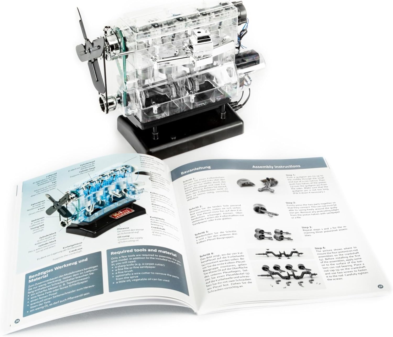 Franzis 67175 – The large technical kit 4-cylinder engine, high-quality model kit in scale 1:3, 100 components for plugging and screwing, including sound module, instructions and accompanying book – Bild 3