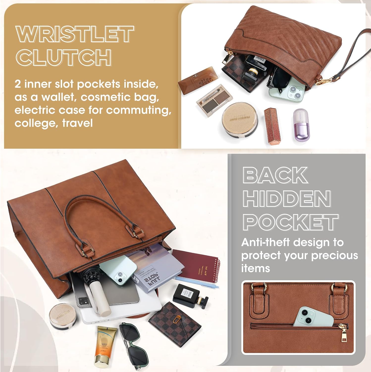 NEWHEY Handbag Women's 15.6 Inch Shopper Women's Large Work Bag Tote with Clutch PU Leather Briefcase Women's Laptop Bag Messenger Shoulder Bag for School Office Travel Business – Bild 5