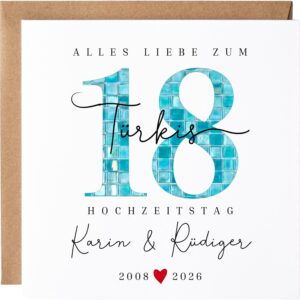 18th Wedding Anniversary Gift Turquoise Wedding Card Premium Congratulations Card Turquoise Wedding Folding Card for 18th Anniversary Personalised with Name Wedding Anniversary