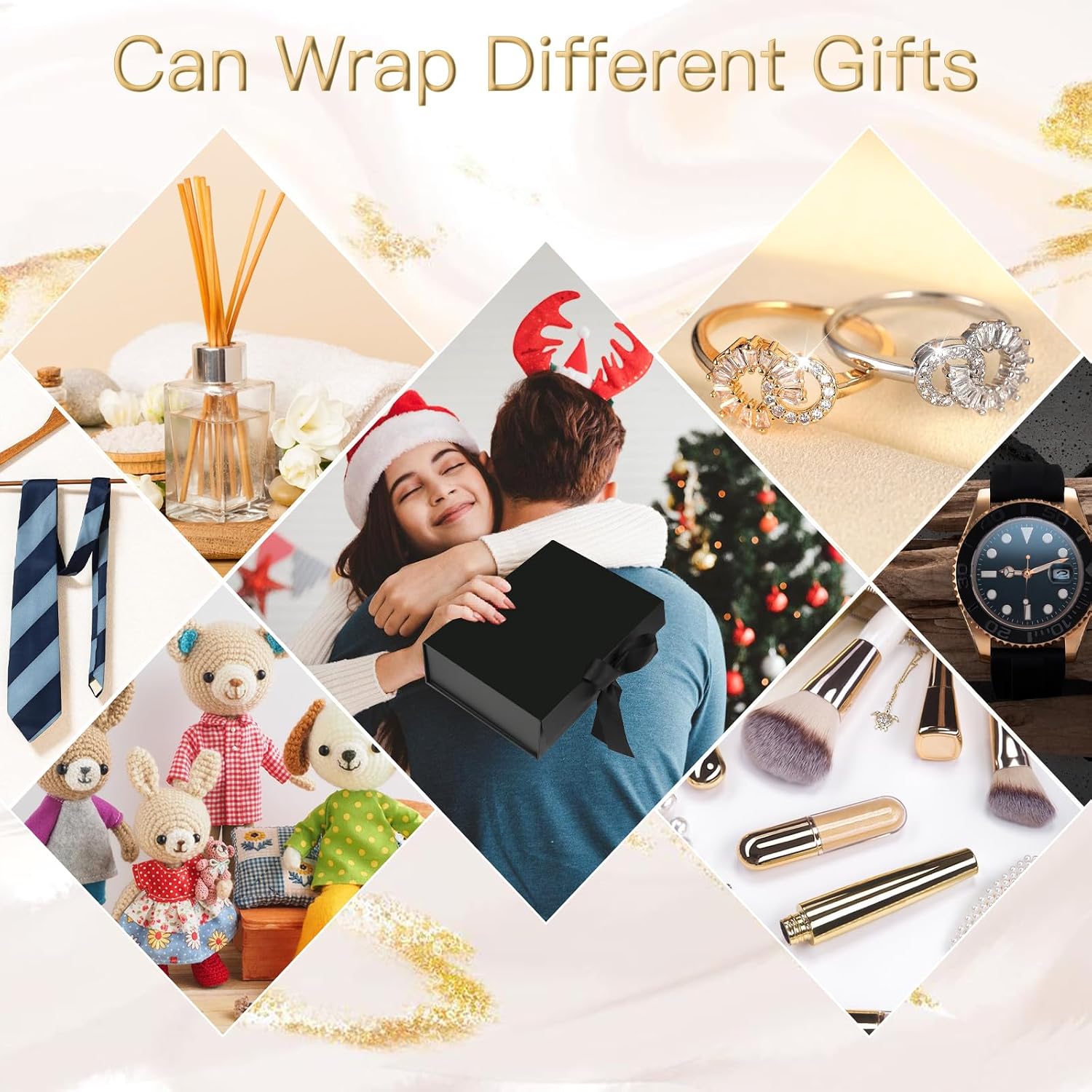 Gift Box with Magnetic Lid, 23 x 17 x 7 cm, Black, Birthday Gift Box with Carry Bag, Greeting Card, Fairy Lights, Raffia, Ribbon, Gift Box for Birthday, Valentine's Day – Bild 5