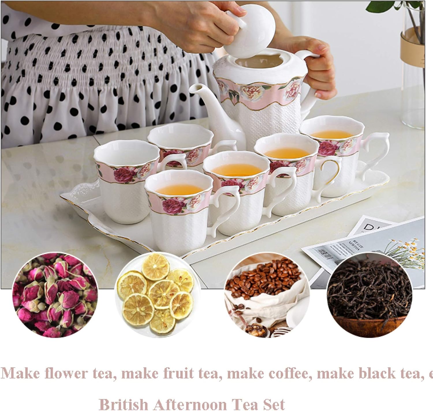 Ceramic Tea Set, Coffee Service from China, Tea Set, Vintage Floral Tea Set, 6 Tea Cups, Tea Cup and Saucer Gift Set for Tea, Coffee, Afterlife – Bild 6