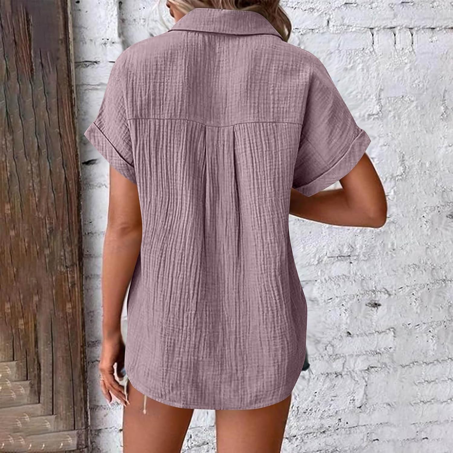 Generisch Muslin Blouse Women's Casual Short Sleeve Shirt Blouse with Button Placket Loose Top Elegant Cotton Blouse Shirt with Pocket – Bild 3