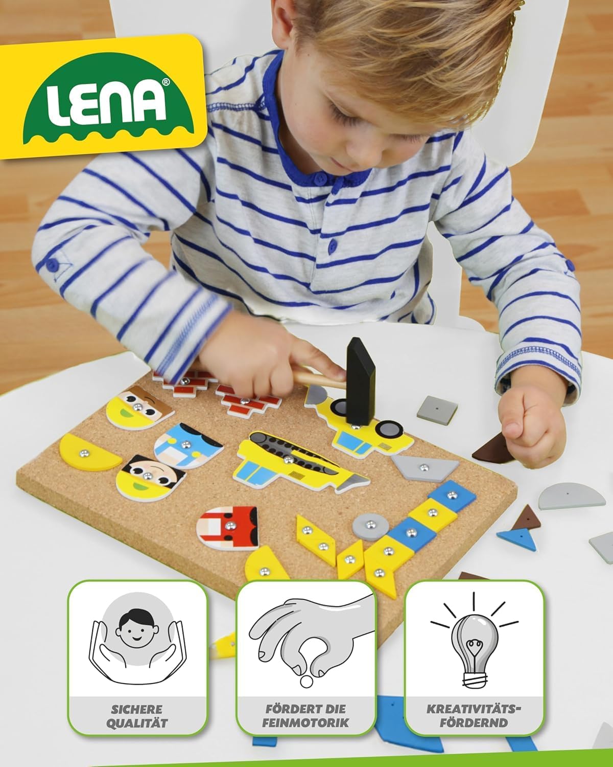 Lena 65828 Hammering Game, Building Site Game, Nail Game with 64 Pieces in 7 Shapes and 8 Building Site Parts, Cork Base Plate, Approx. 28 x 19.5 cm, hammer and nails, hammering game for children over 3 years – Bild 2
