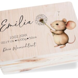 Wooden Memory Box Baby Wooden Box Baby - Gift Box for Birth with Name Data Mouse I Wooden Box Cute Mouse Birth Gift Packaging - 30 x 20 x 14 - Wooden - Memory Box Baby Gifts