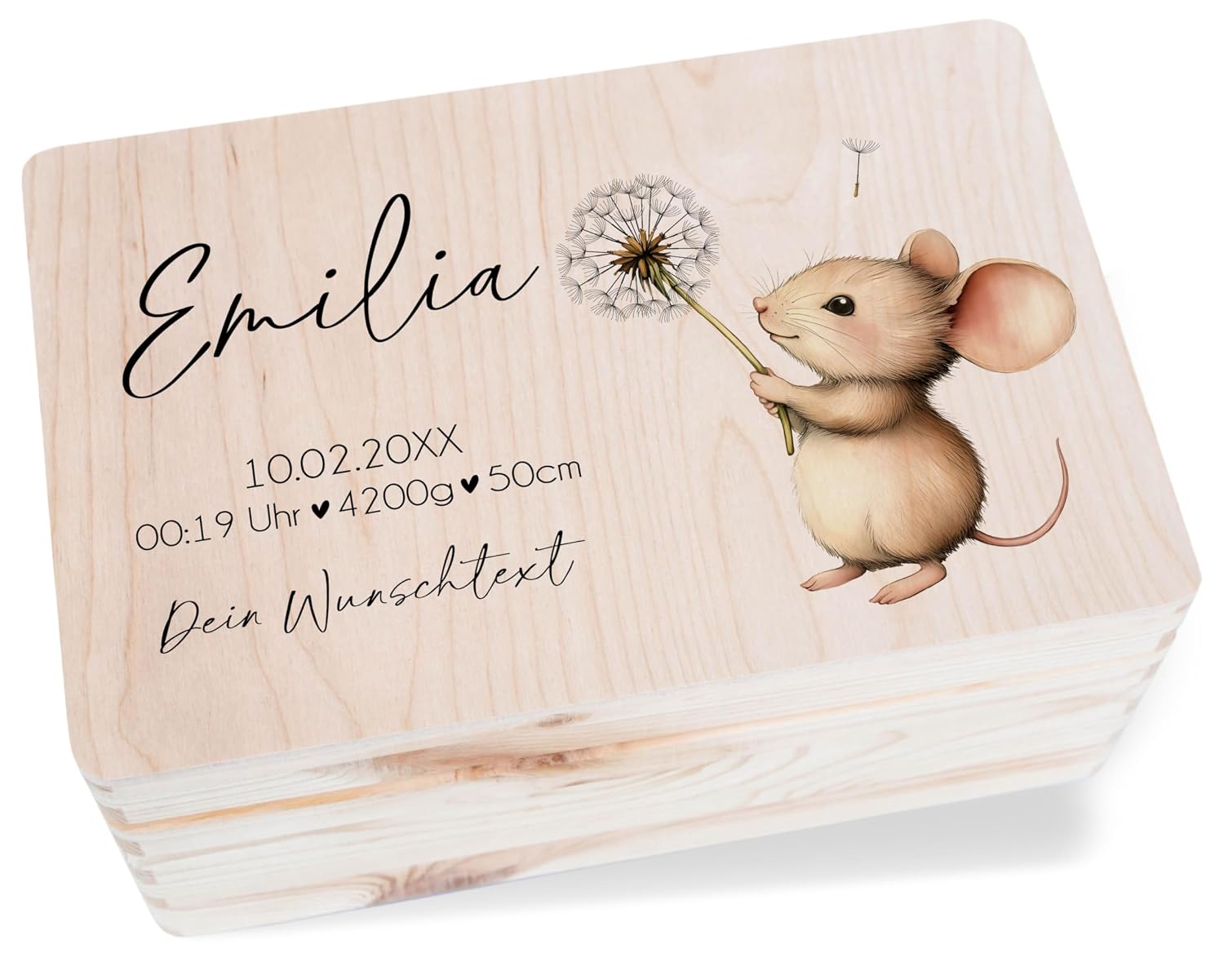 Wooden Memory Box Baby Wooden Box Baby - Gift Box for Birth with Name Data Mouse I Wooden Box Cute Mouse Birth Gift Packaging - 30 x 20 x 14 - Wooden - Memory Box Baby Gifts