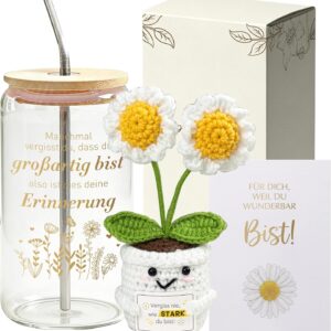 Gift Set for Women - 500 ml Glass Drinking Cup with Crochet Flower, Greeting Card & Gift Box - Inspirational Motivational Gift for New Beginnings & Strength