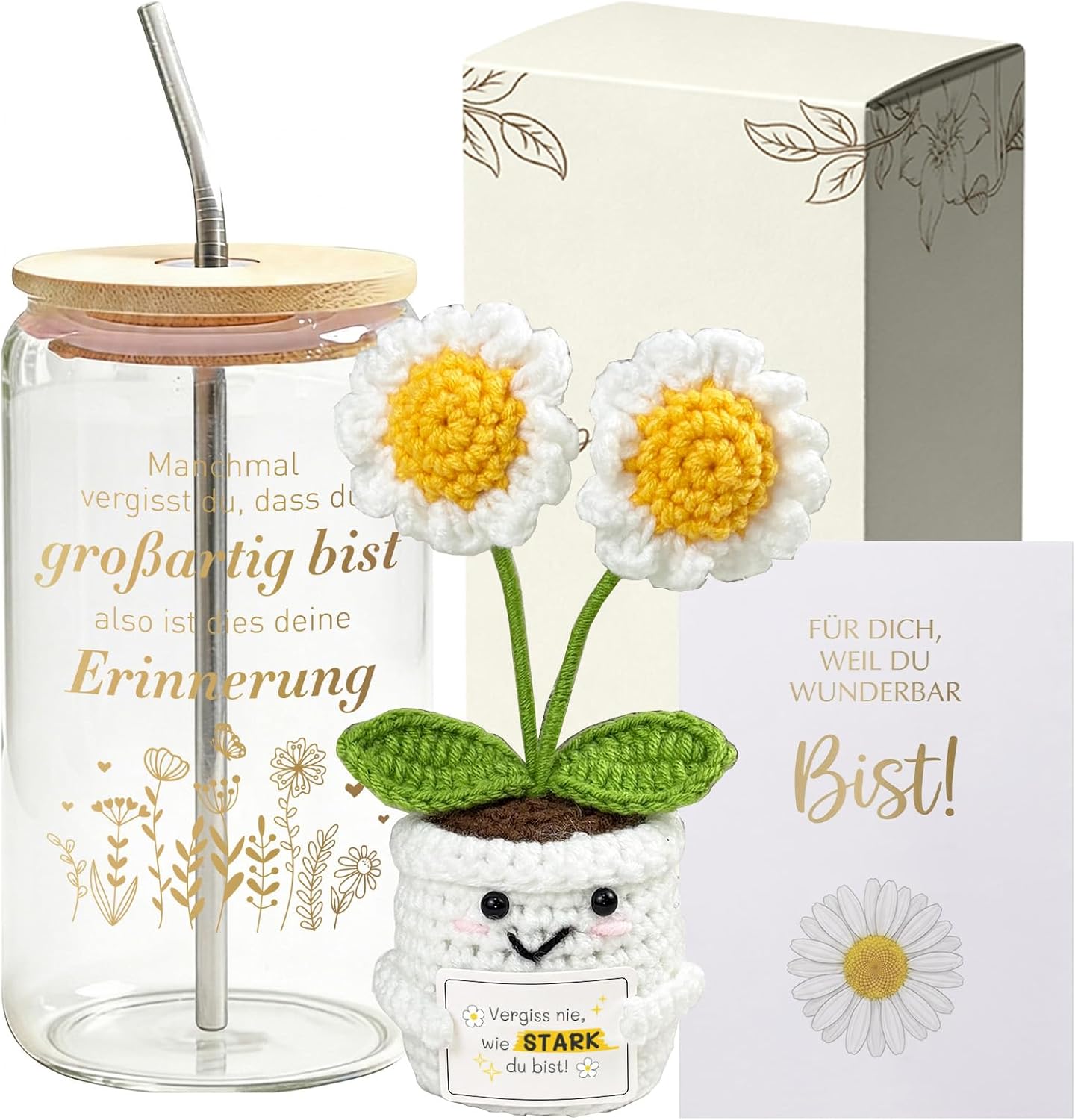 Gift Set for Women - 500 ml Glass Drinking Cup with Crochet Flower, Greeting Card & Gift Box - Inspirational Motivational Gift for New Beginnings & Strength