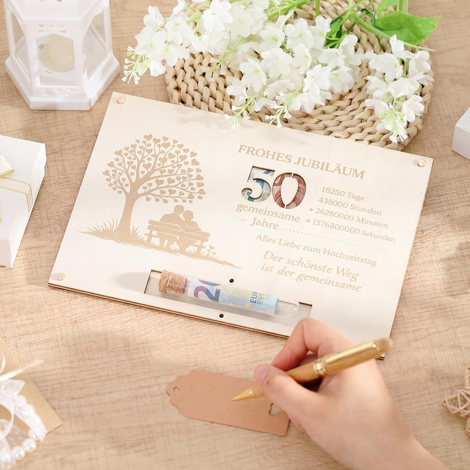 Hestya Money Gift 50 Years of Marriage, Wooden Golden Wedding Gifts, Anniversary Card, Money Gifts, Packaging, 25 x 17 cm, Packaging with Test Tube, Labels, Hemp Rope for Golden Wedding Gifts – Bild 4
