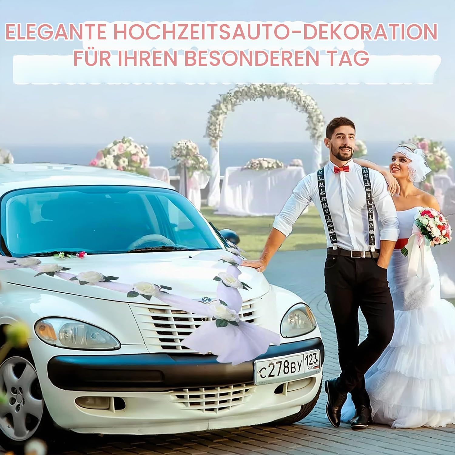 Wedding Car Decoration, White Wedding Decoration, Car Decoration with 11 Roses & Garland, Car Jewellery with Suction Cups and Length Bands, Bridal Car Decoration for Bonnet Party – Bild 6