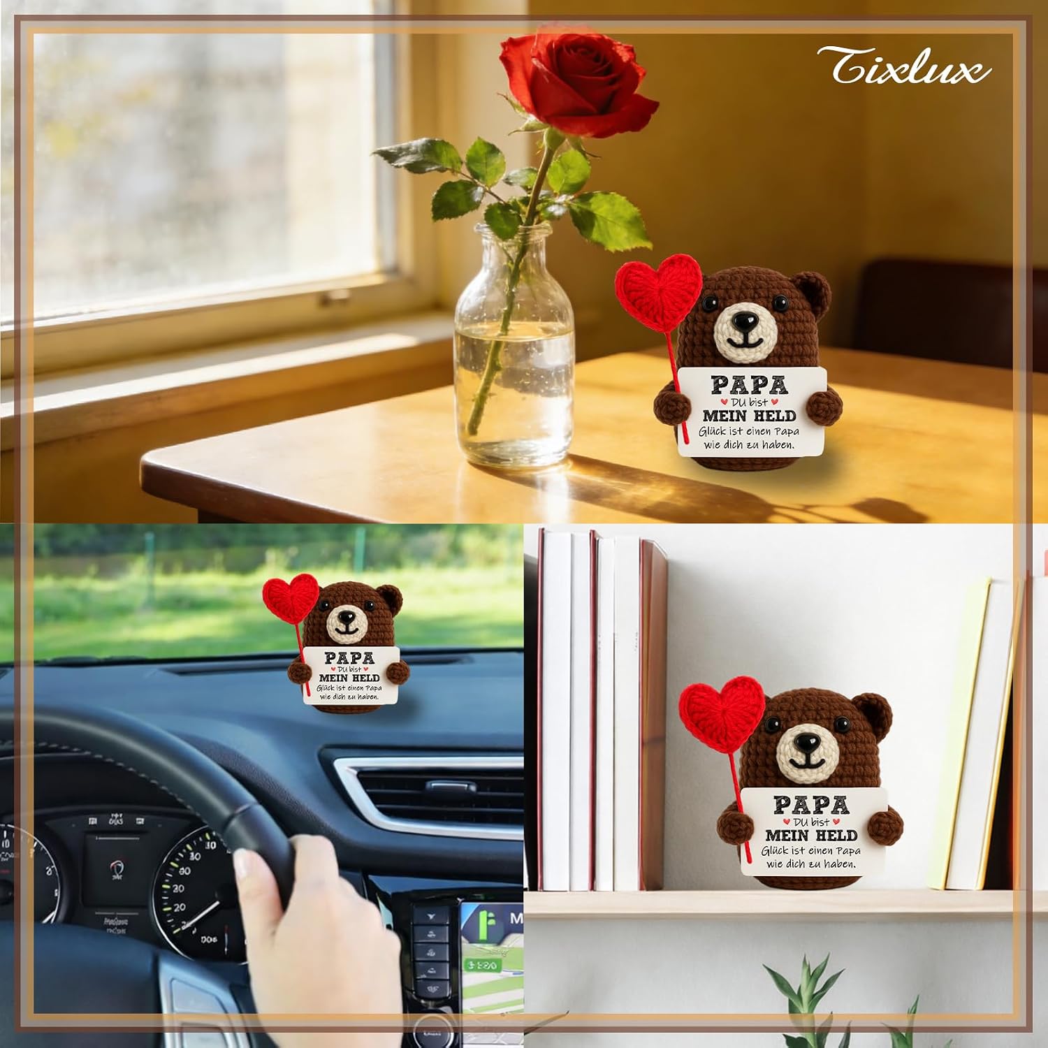 Tixlux Gift for Dad, Father's Day Gift, Happy Bear with Heart, Handmade Knitting Wool Bear Figure with Hug, Lucky Charm, Father's Day, Get Well, Christmas – Bild 7