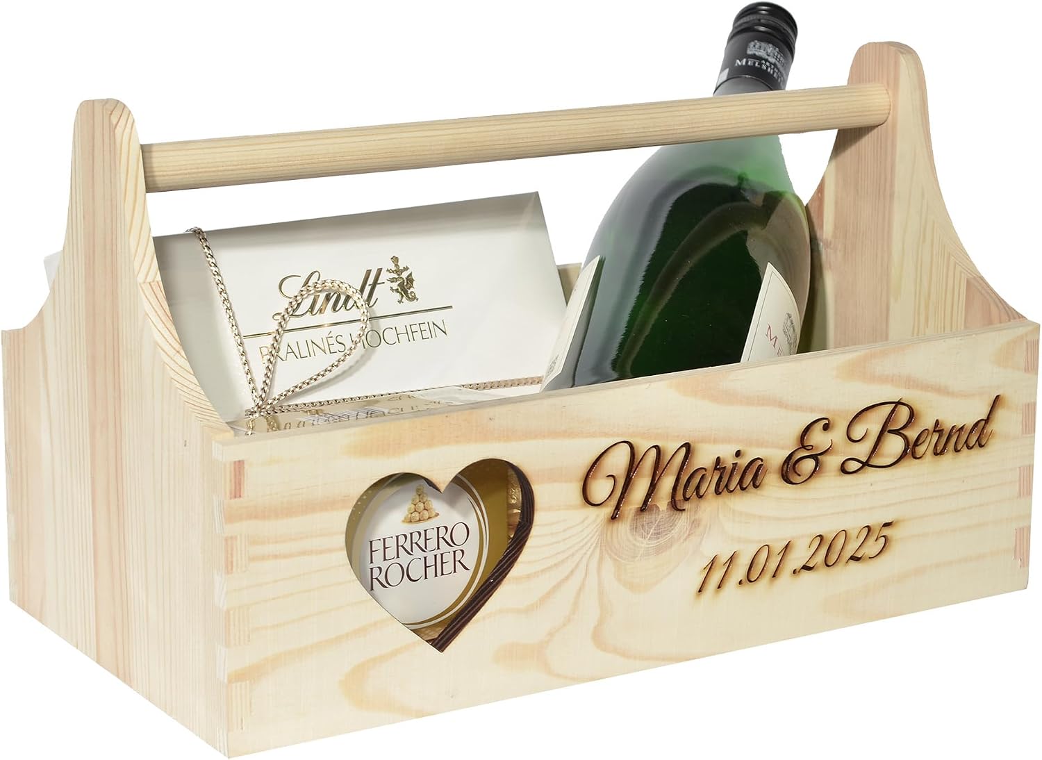 Wedding Gift Basket Personalised with Heart Name Date 34 x 18 x 20 cm Natural Wooden Box Gift Idea Gift Basket Wedding Gift – Bild 3