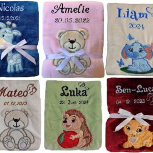 Wuff-Dogsworld Cuddly Baby Blanket Super Fluffy Embroidered with Name and Date Many Colours for Birth for Boys and Girls, Personalised Gifts Baby, Baby Blanket Personalised