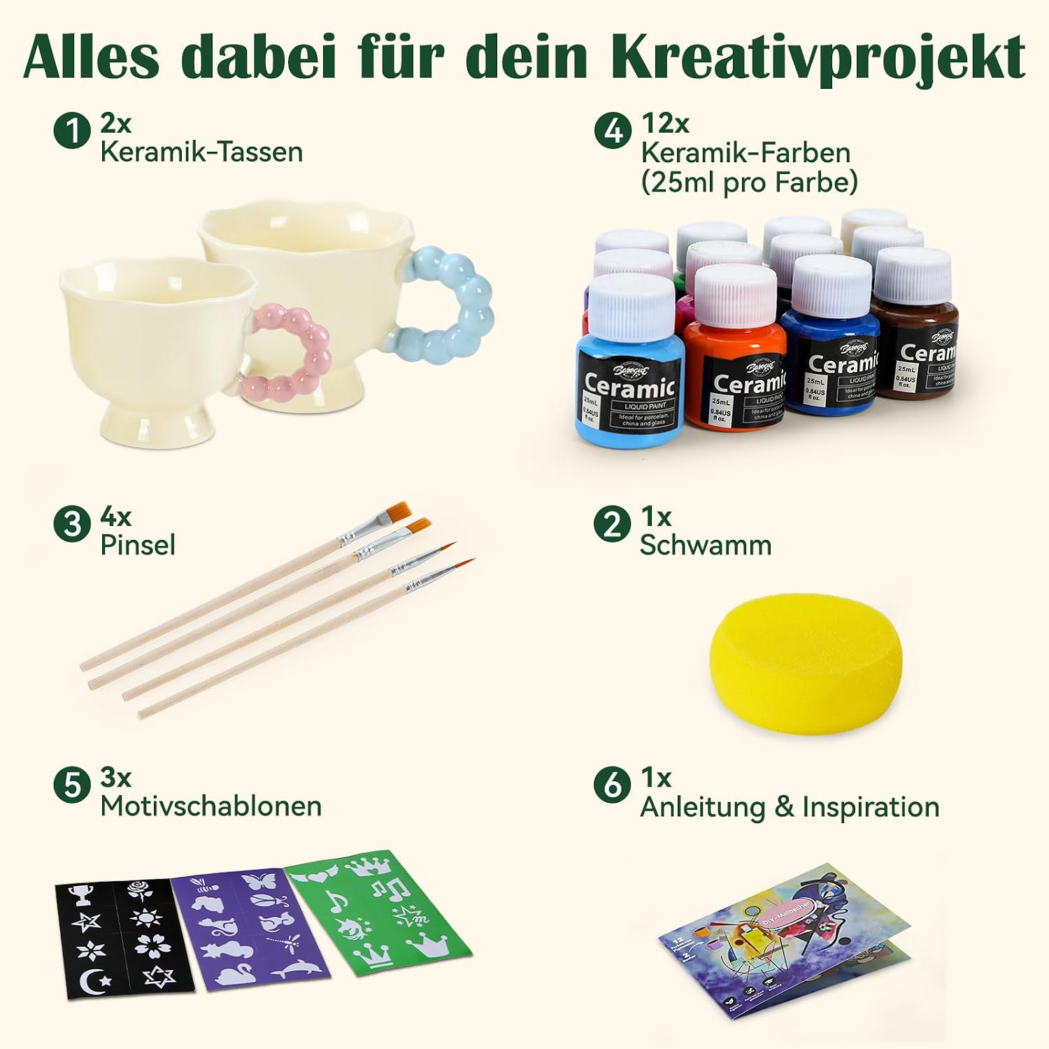 DIY Ceramic Painting Set - Includes 2 Cups for Painting, Paints, Brushes & Stencils, Cup Painting Set for Beginners, DIY Craft Set, Creative Gift for Adults – Bild 3